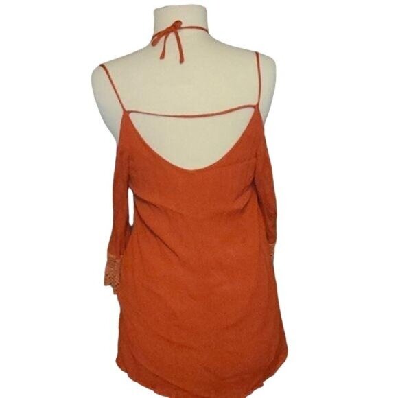 Sans Souci Medium Orange Cold Shoulder Bohemian Cut Out Shirt - Picture 3 of 3